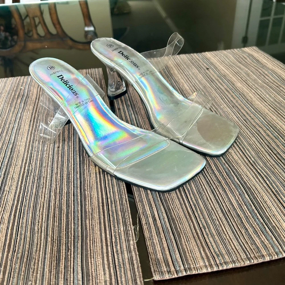 Delicious Translucent Strap Sandals, Holographic Sole & Lucite Heels Size 10 - Picture 3 of 6